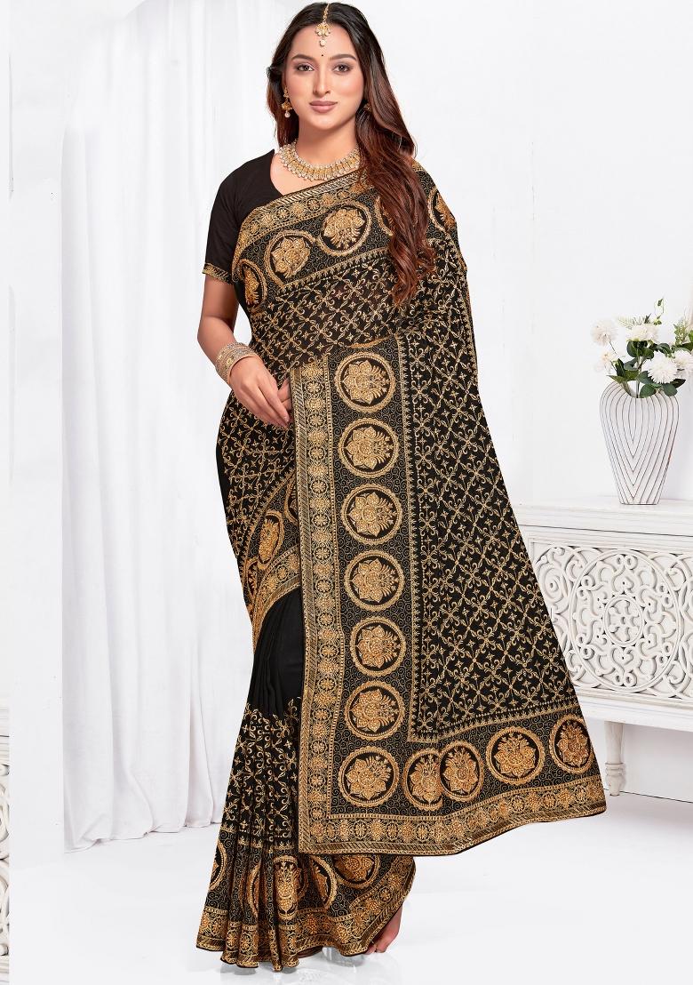 Black Sequin Work Art Silk Saree Set