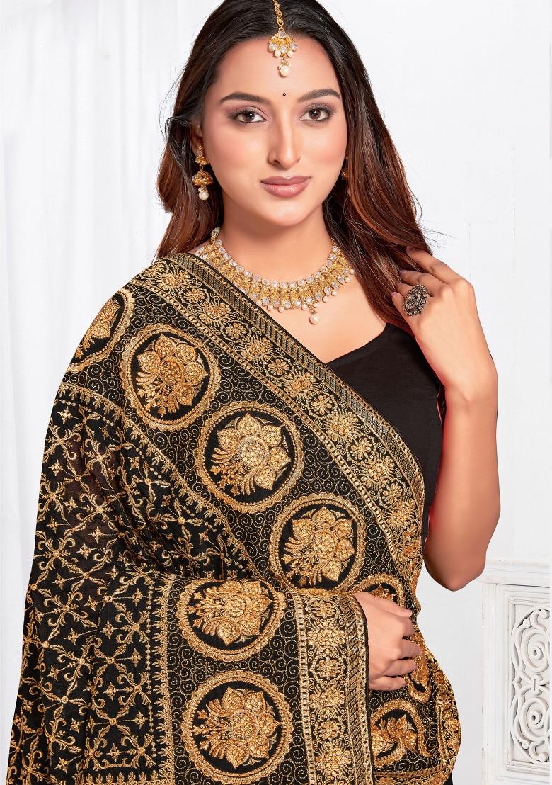 Black Sequin Work Art Silk Saree Set