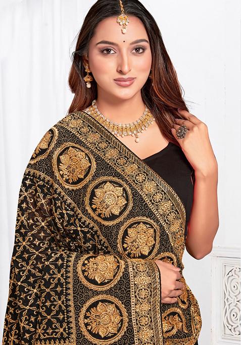 Black Sequin Work Art Silk Saree Set