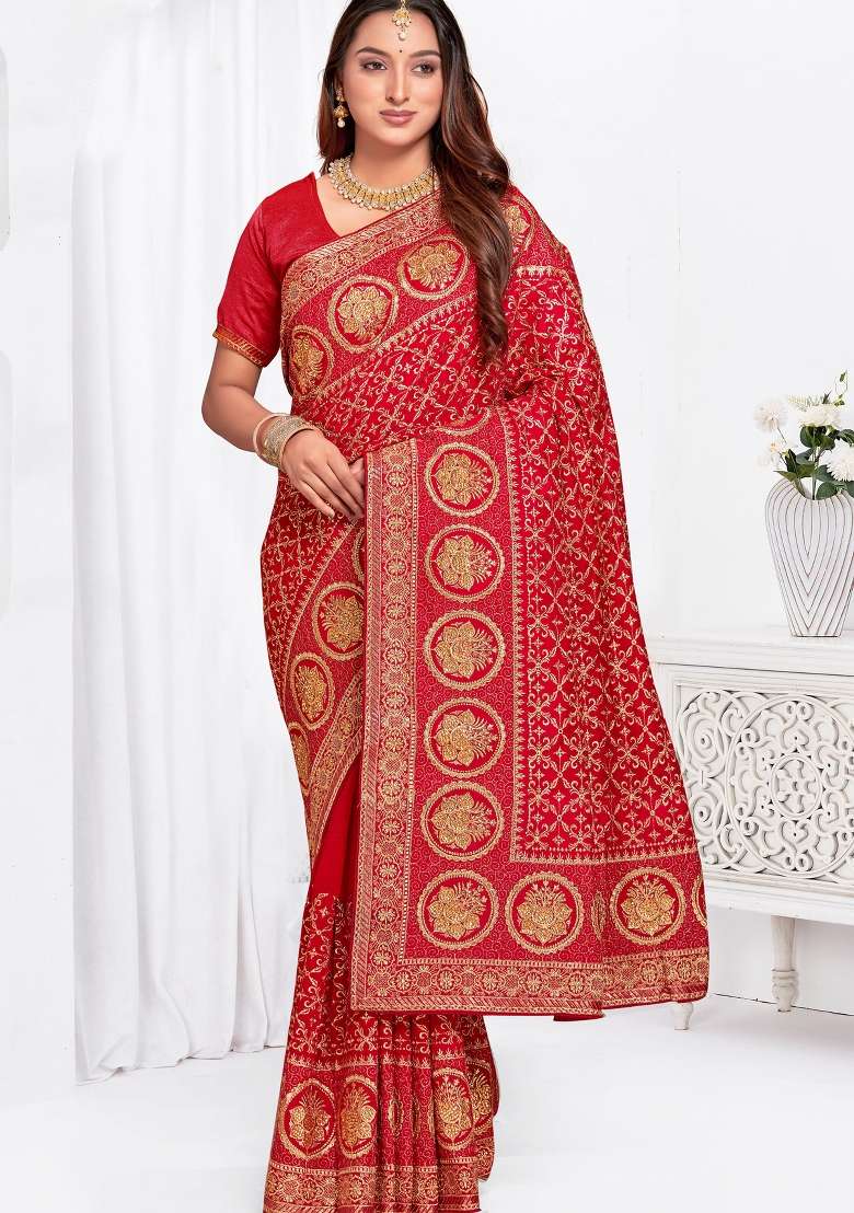 Red Work Blend Art Silk Saree Set with Sequin for Diwali | Wedding & Festive Wear - Indya