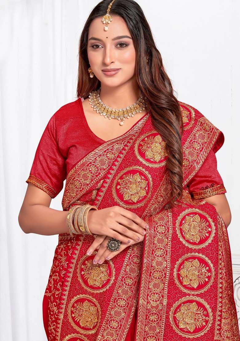 Red Work Blend Art Silk Saree Set with Sequin for Diwali | Wedding & Festive Wear - Indya