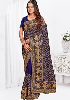 Navy Blue Sequin Work Art Silk Saree Set