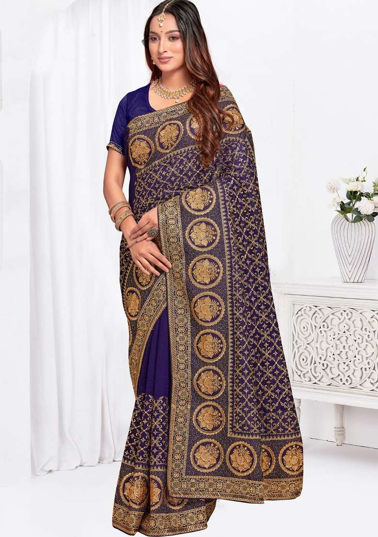 Navy Blue Sequin Work Art Silk Blend Saree Set for Diwali and Festive Wear - Indya