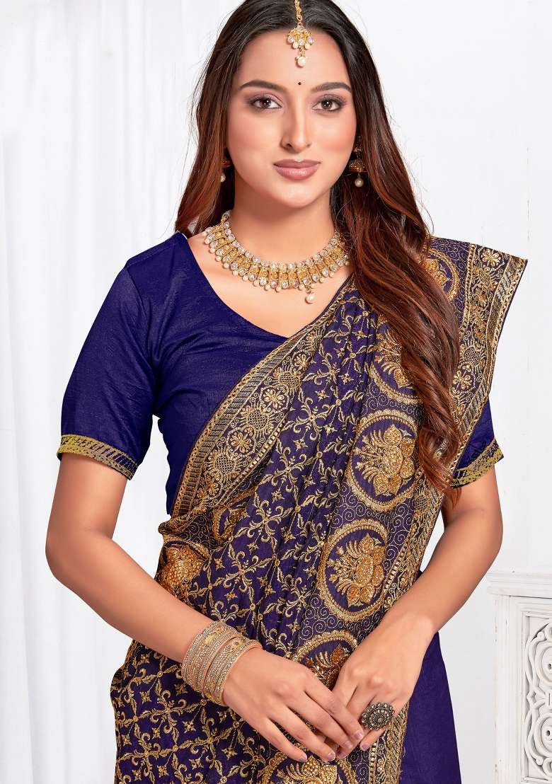 Navy Blue Sequin Work Art Silk Blend Saree Set for Diwali and Festive Wear - Indya