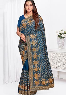 Teal Blue Sequin Work Art Silk Saree Set