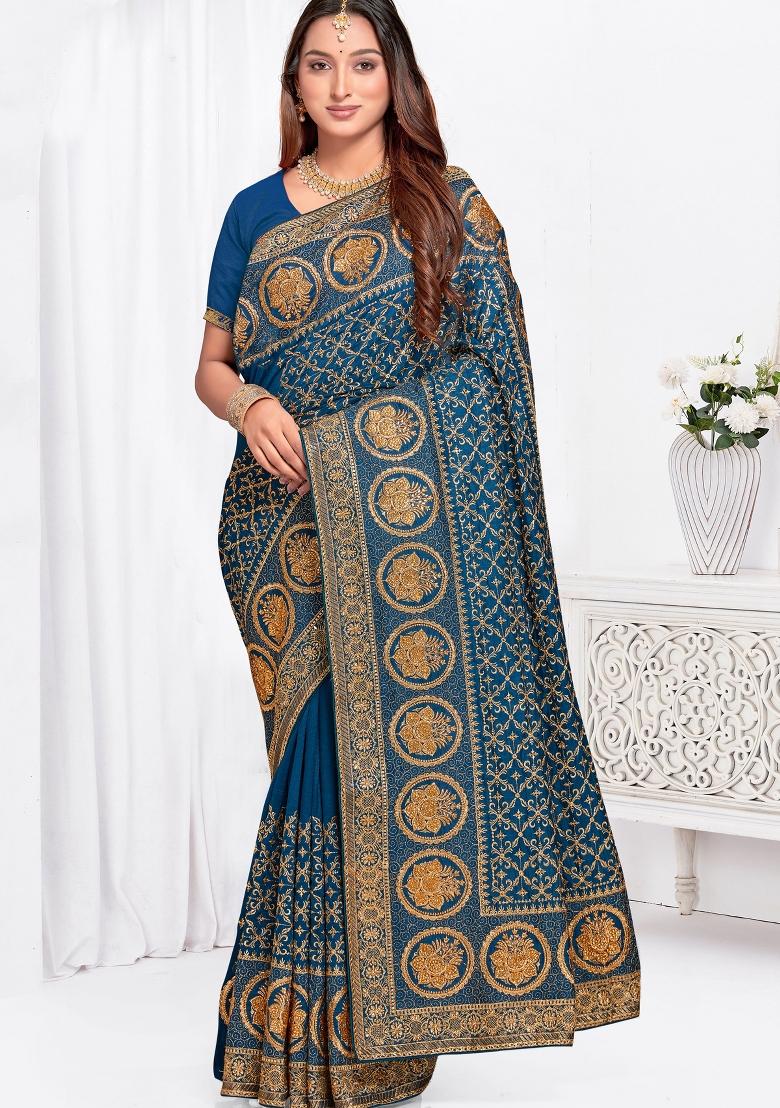 Teal Blue Sequin Work Art Silk Saree Set