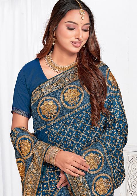 Teal Blue Sequin Work Art Silk Saree Set