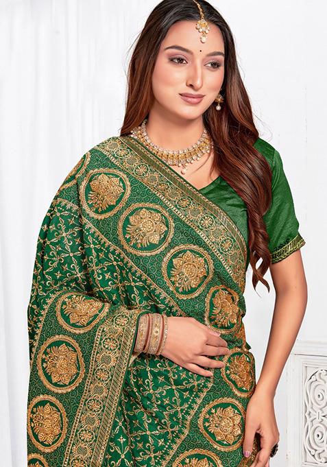 Bottle Green Sequin Work Art Silk Saree Set
