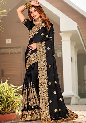 Black Zari Work Satin Saree Set