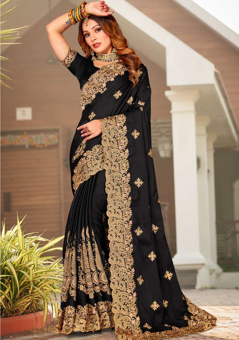 Black Satin Saree Set with Zari Work for Diwali | Wedding & Festive Wear - Indya