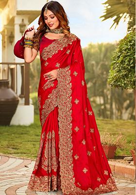 Red Zari Work Satin Saree Set