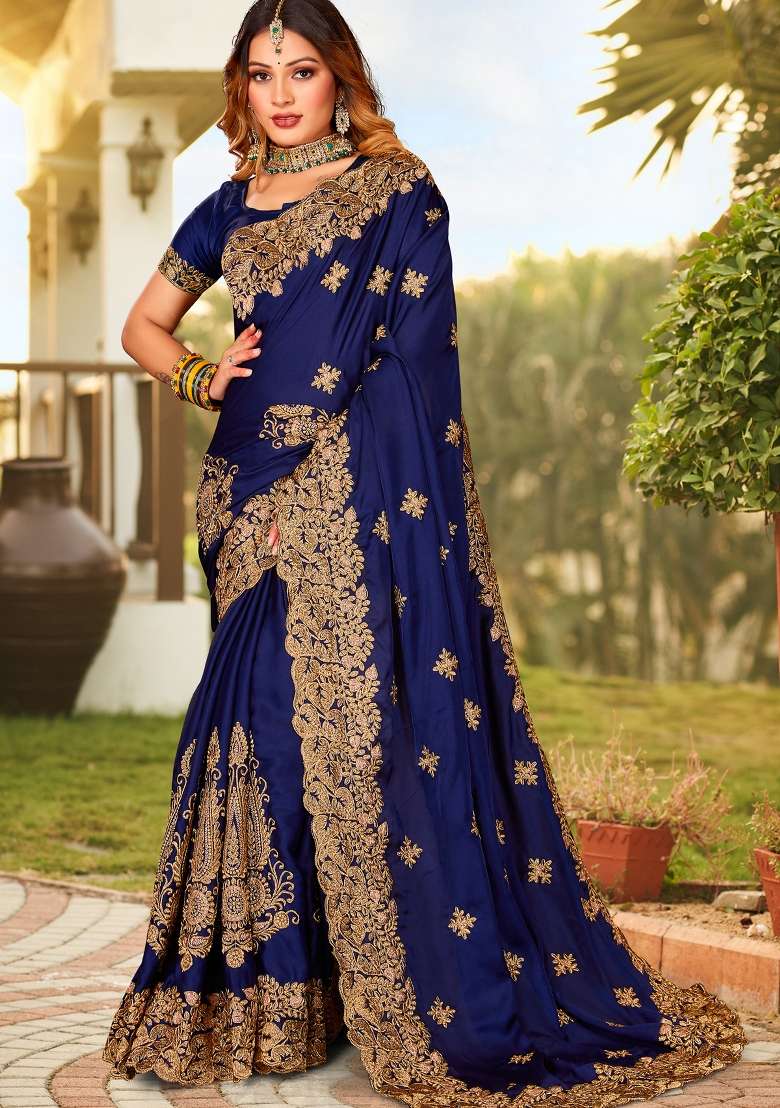 Navy Blue Satin Saree Set with Zari Work for Diwali | Wedding & Festive Wear - Indya