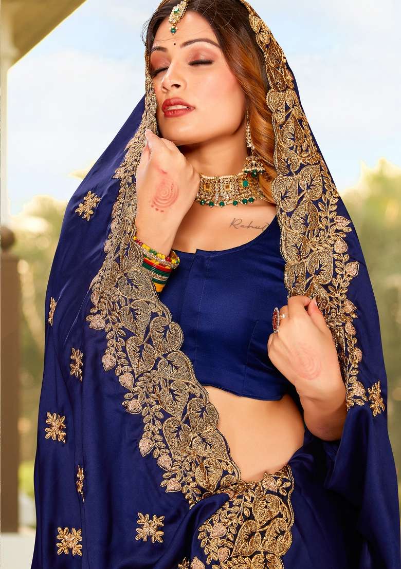 Navy Blue Satin Saree Set with Zari Work for Diwali | Wedding & Festive Wear - Indya
