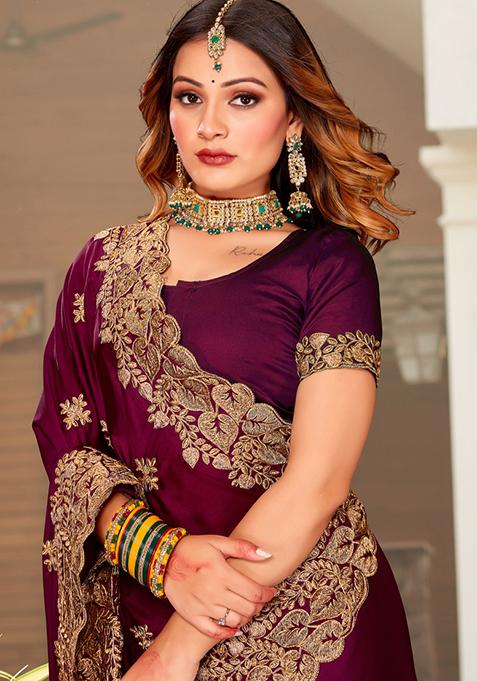 Wine Zari Work Satin Saree Set