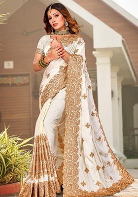 Off White Zari Work Satin Saree Set