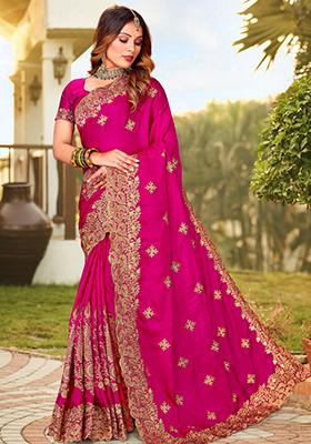 Magenta Zari Work Satin Saree Set