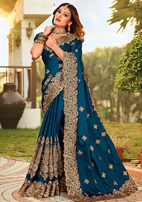 Teal Blue Zari Work Satin Saree Set