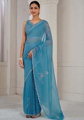 Teal Blue Embroidered Silk Saree Set