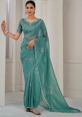 Sea Green Embroidered Silk Saree Set
