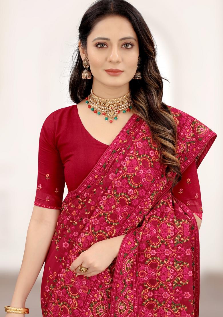 Maroon Zari Work Georgette Saree Set