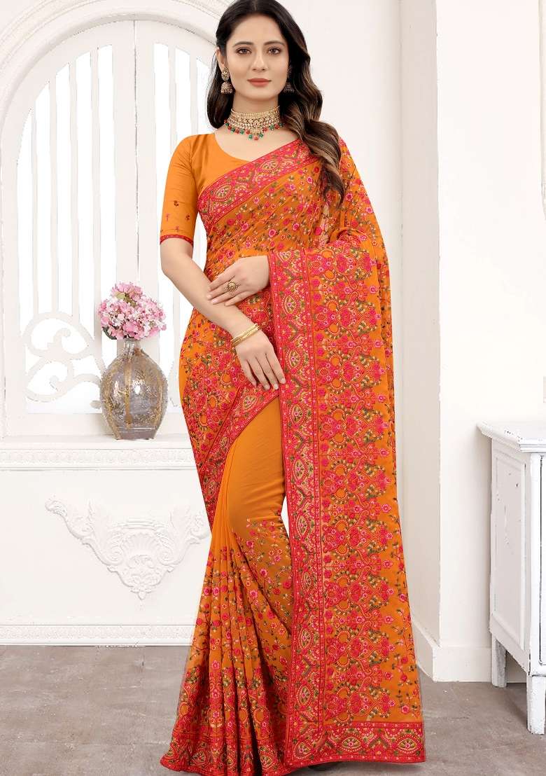 Mustard Yellow Zari Work Georgette Saree Set for Diwali and Festive Wear - Indya