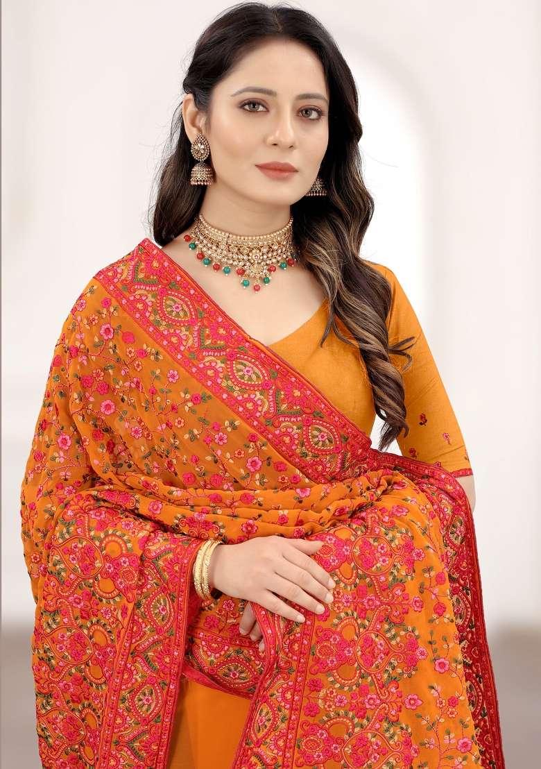 Mustard Yellow Zari Work Georgette Saree Set for Diwali and Festive Wear - Indya