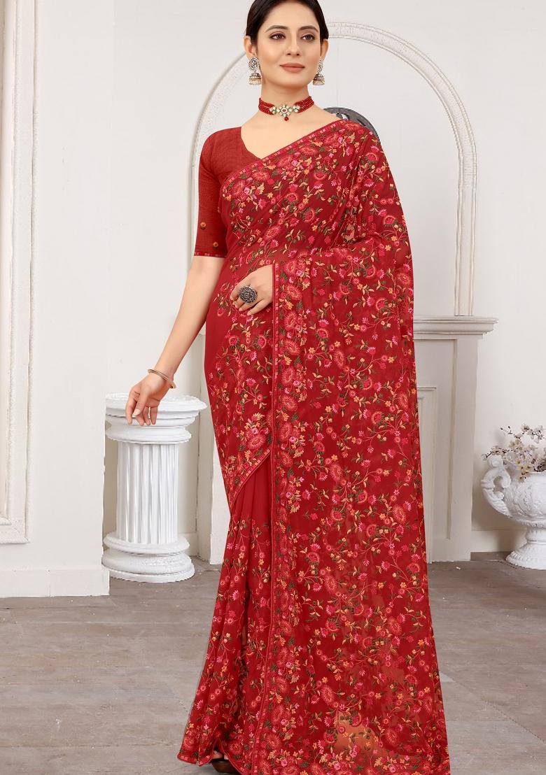Maroon Zari Work Georgette Saree Set