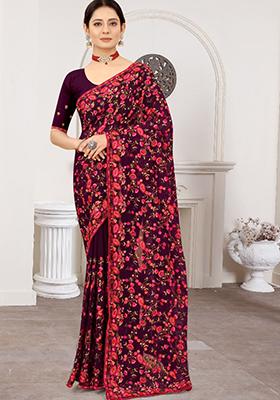 Purple Zari Work Georgette Saree Set