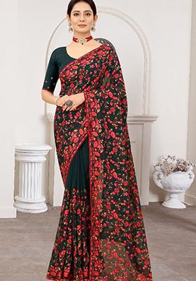 Bottle Green Zari Work Georgette Saree Set