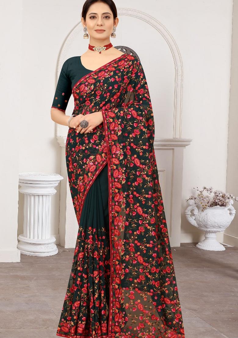 Bottle Green Zari Work Georgette Saree Set