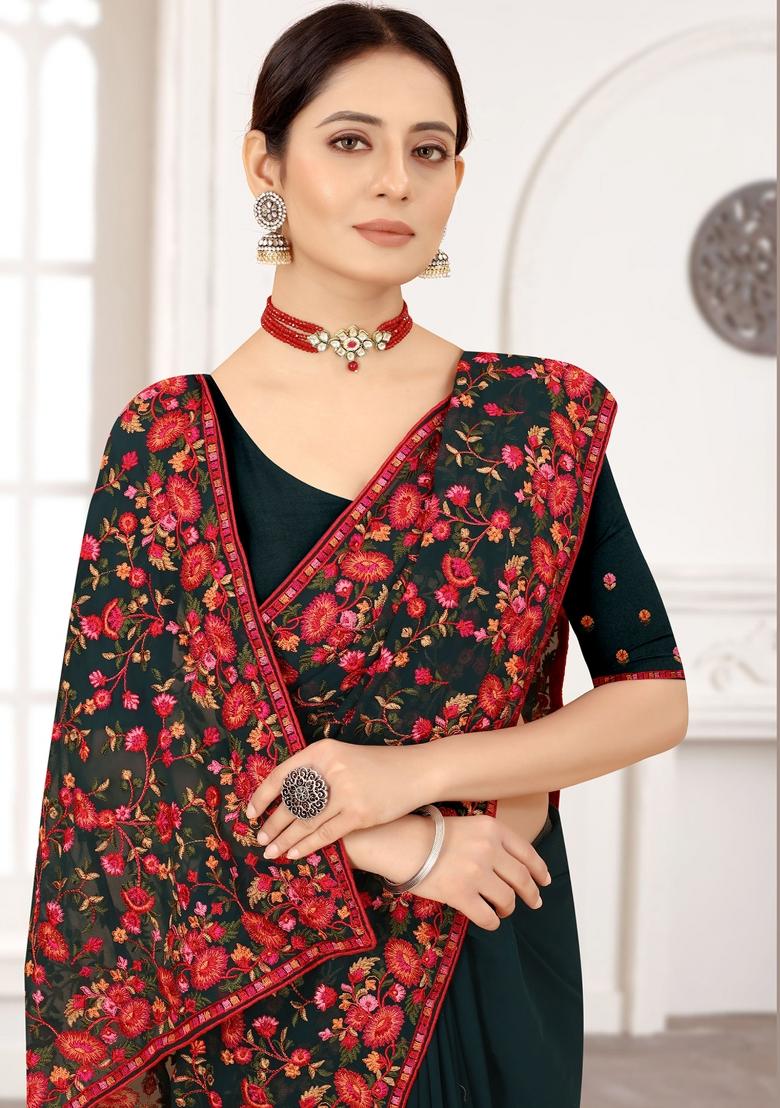 Bottle Green Zari Work Georgette Saree Set