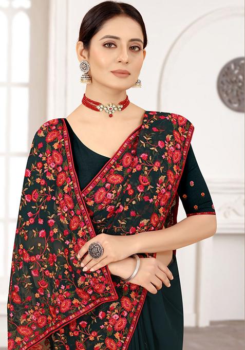 Bottle Green Zari Work Georgette Saree Set