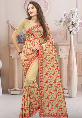 Beige Zari Work Georgette Saree Set