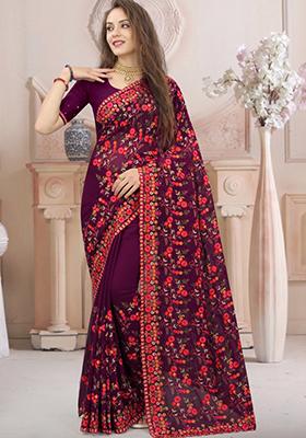 Wine Zari Work Georgette Saree Set
