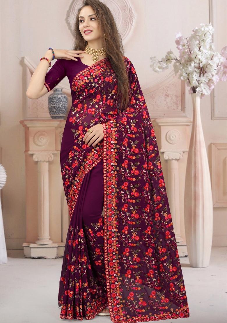 Wine Zari Work Georgette Saree Set