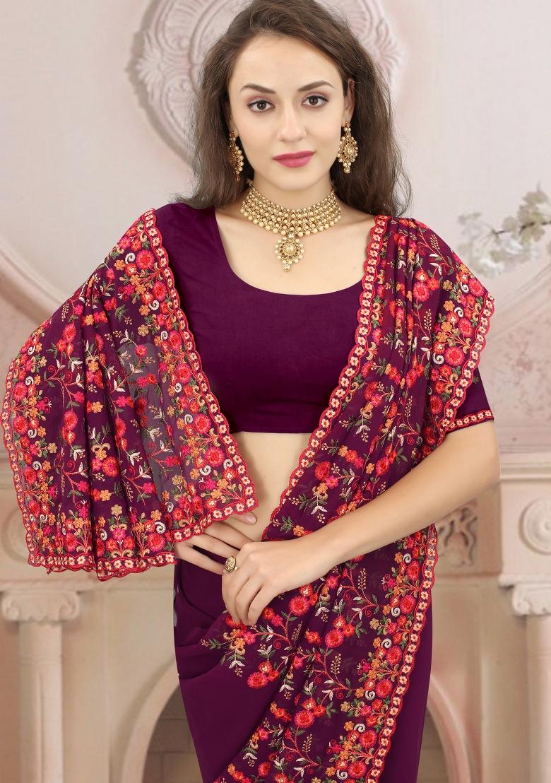 Wine Zari Work Georgette Saree Set
