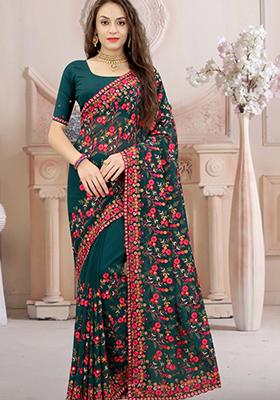 Teal Green Zari Work Georgette Saree Set