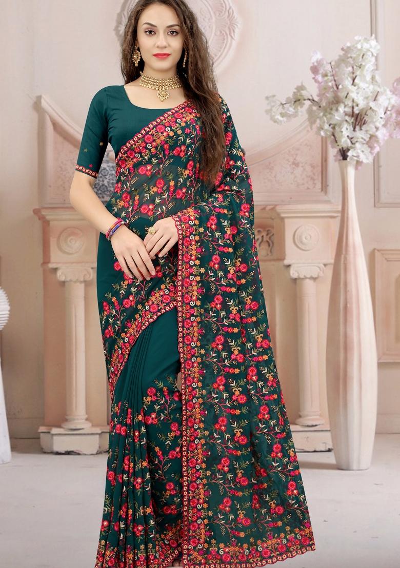 Teal Green Zari Work Georgette Saree Set