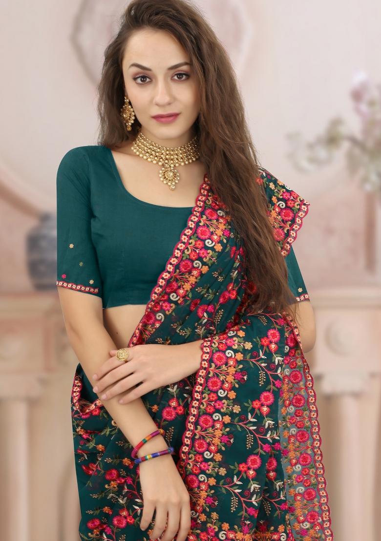 Teal Green Zari Work Georgette Saree Set