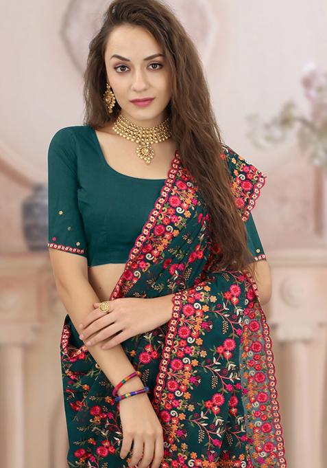 Teal Green Zari Work Georgette Saree Set