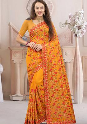 Mustard Yellow Zari Work Georgette Saree Set