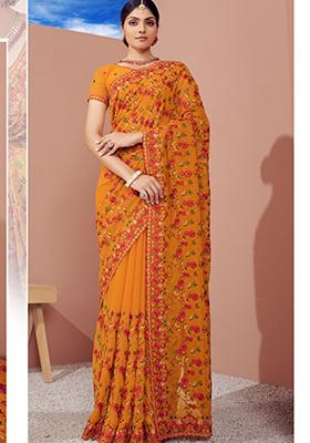 Mustard Yellow Zari Work Georgette Saree Set