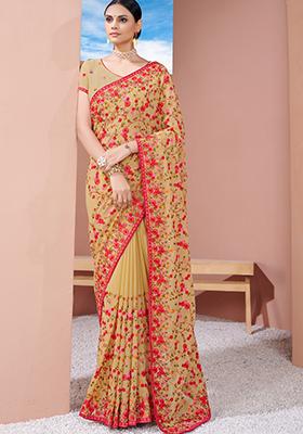 Beige Zari Work Georgette Saree Set