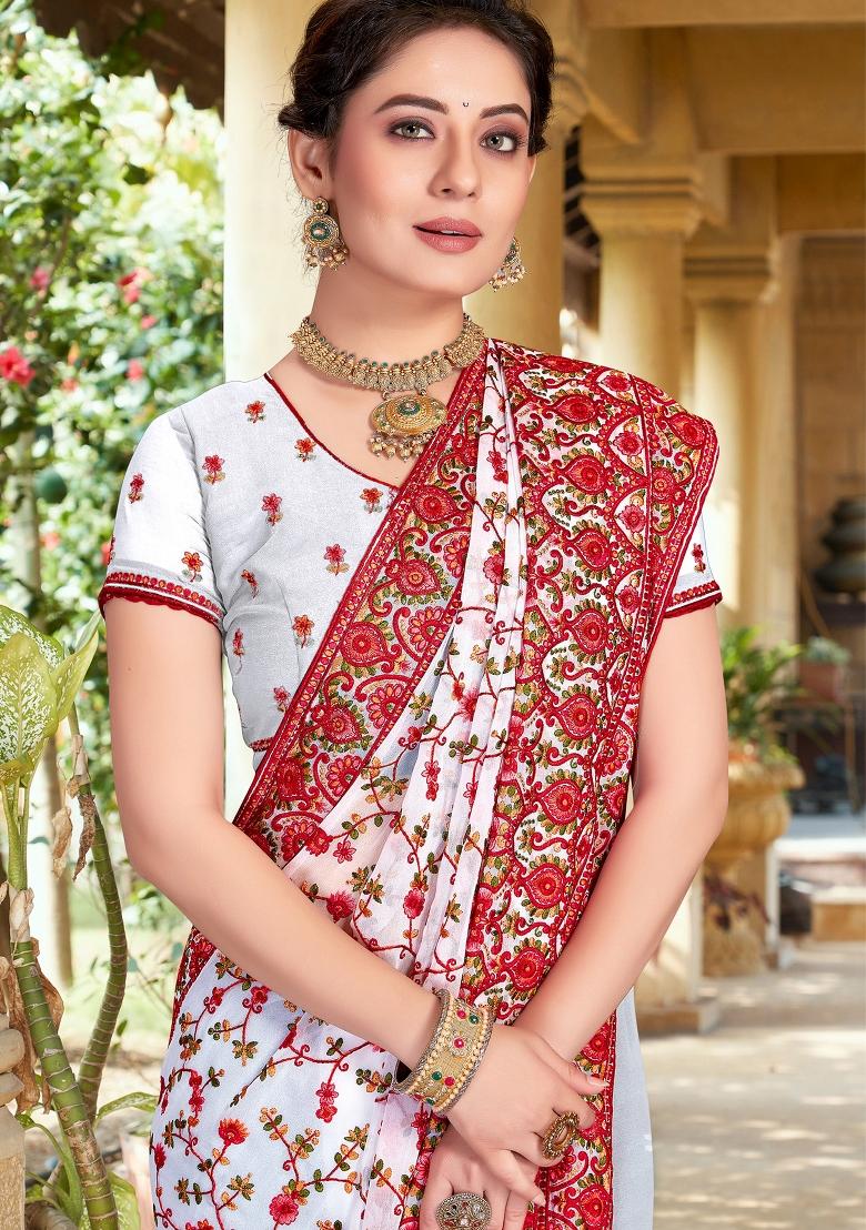 White Zari Work Georgette Saree Set