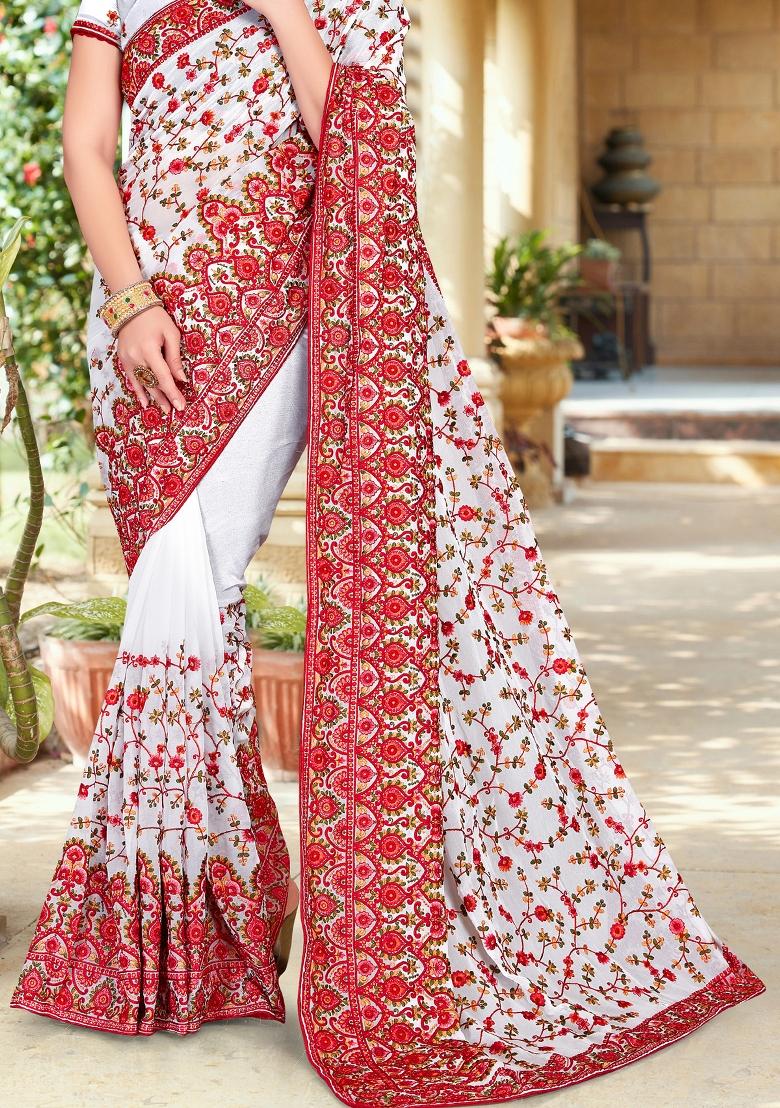 White Zari Work Georgette Saree Set