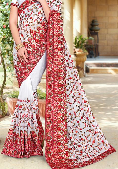 White Zari Work Georgette Saree Set