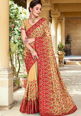 Beige Zari Work Georgette Saree Set