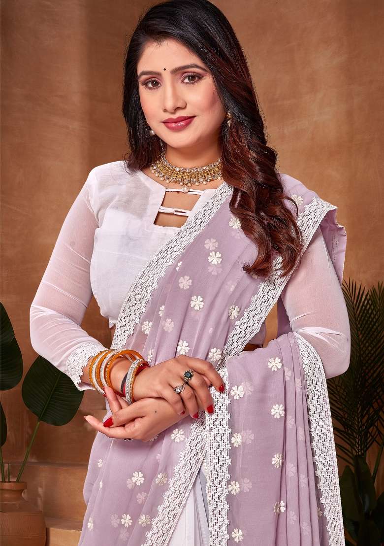 Lavender Zari Work Georgette Saree Set for Diwali and Festive Wear - Indya