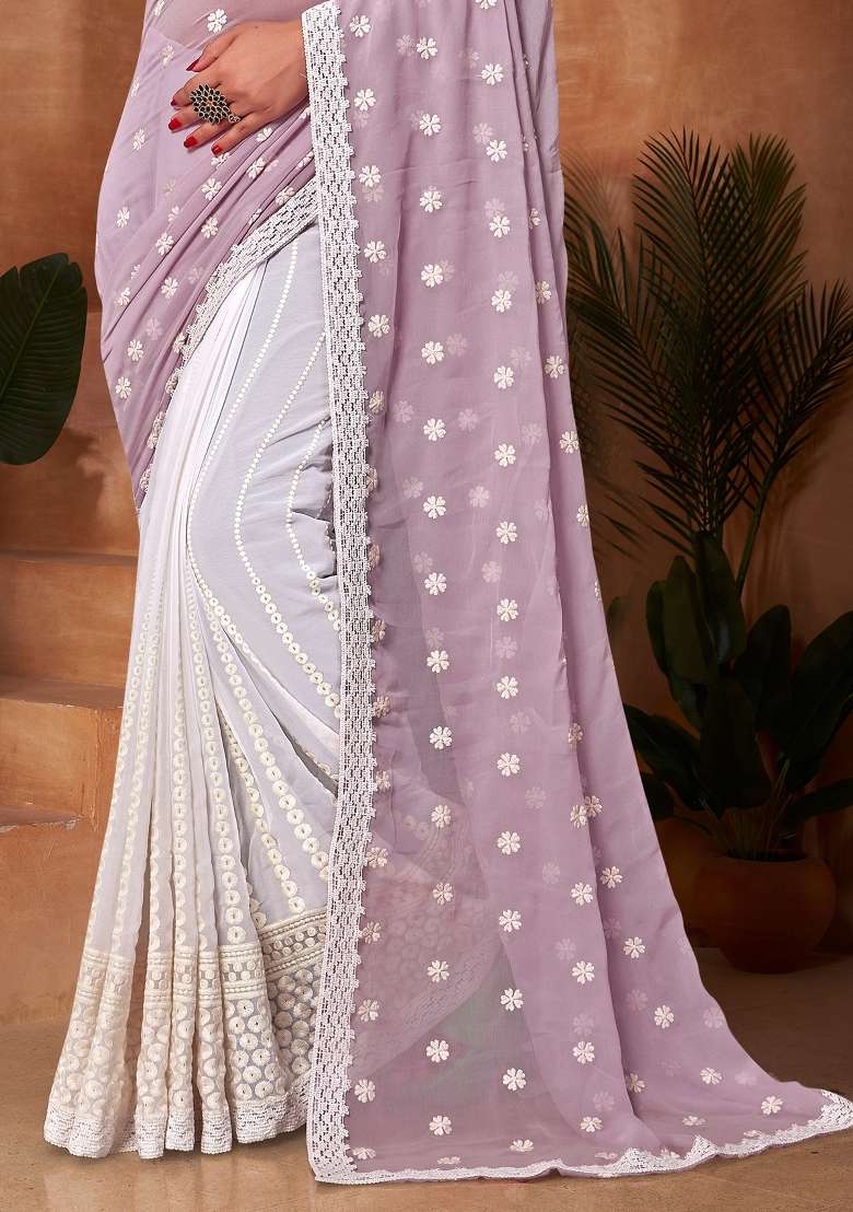 Lavender Zari Work Georgette Saree Set for Diwali and Festive Wear - Indya