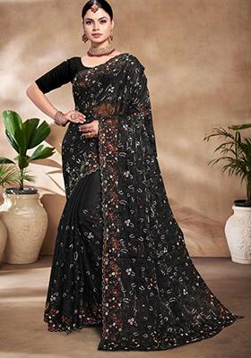 Black Sequin Work Art Silk Saree Set